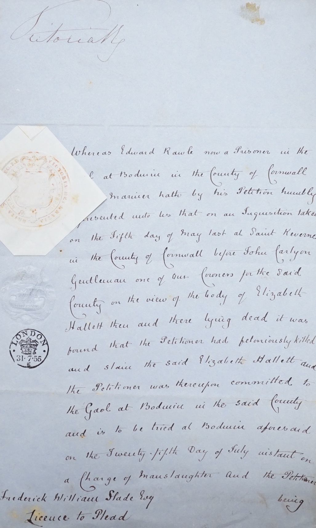 A handwritten licence to plead to Frederick William Slade, dated 31 July 1855, countersigned by Queen Victoria